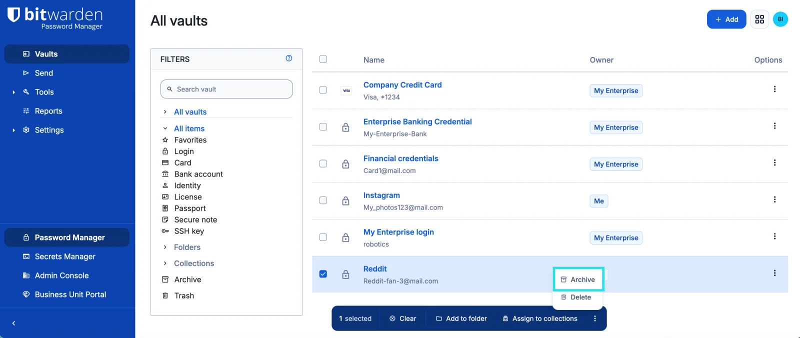 Bitwarden web vault showing all vaults with item filters, organization-owned logins, and the archive option on a selected item