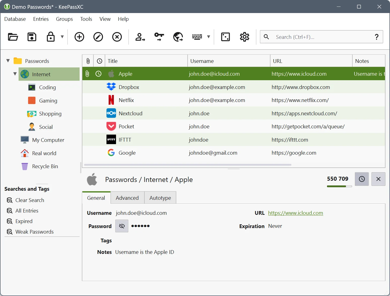 KeePassXC desktop window with a group tree, an entry list, and the details of the selected entry