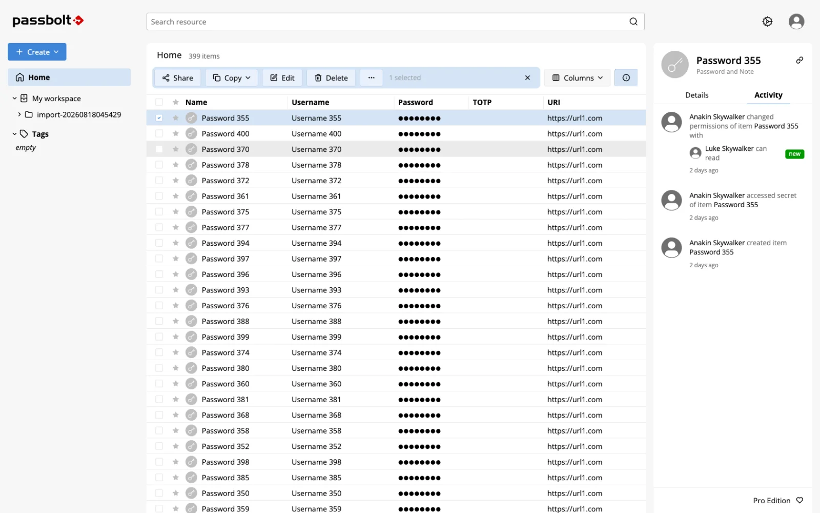 Passbolt web app password list with an activity sidebar showing a password shared with another user