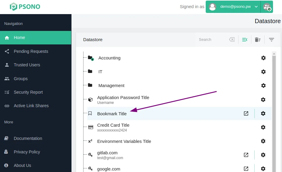 Psono web client showing a datastore tree with folders and entries for an app password, a bookmark, a credit card, and website logins