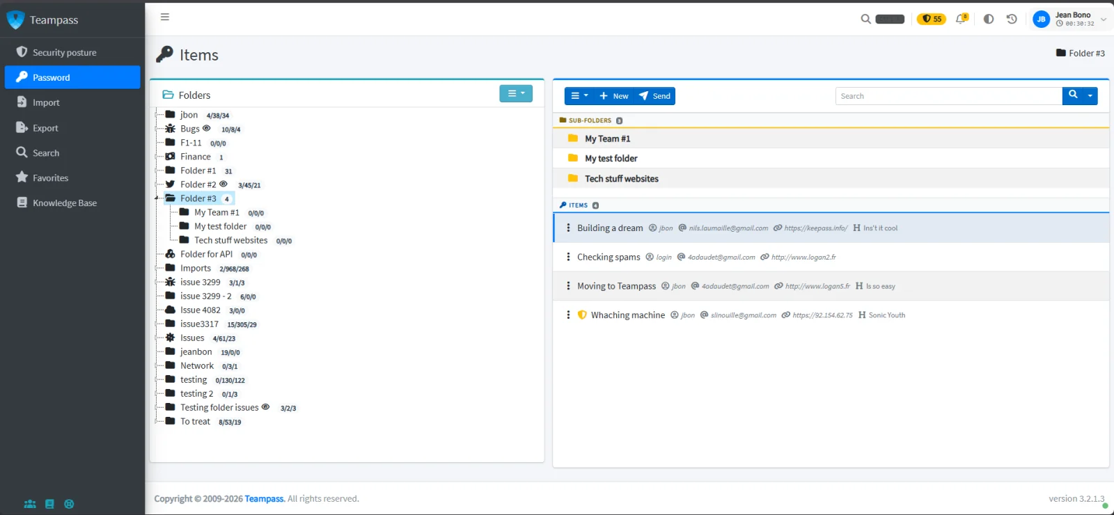 TeamPass items page with a folder tree on the left and the items in the selected folder on the right