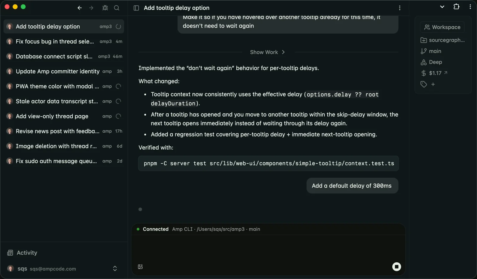 Amp app with a threads sidebar and an active agent conversation