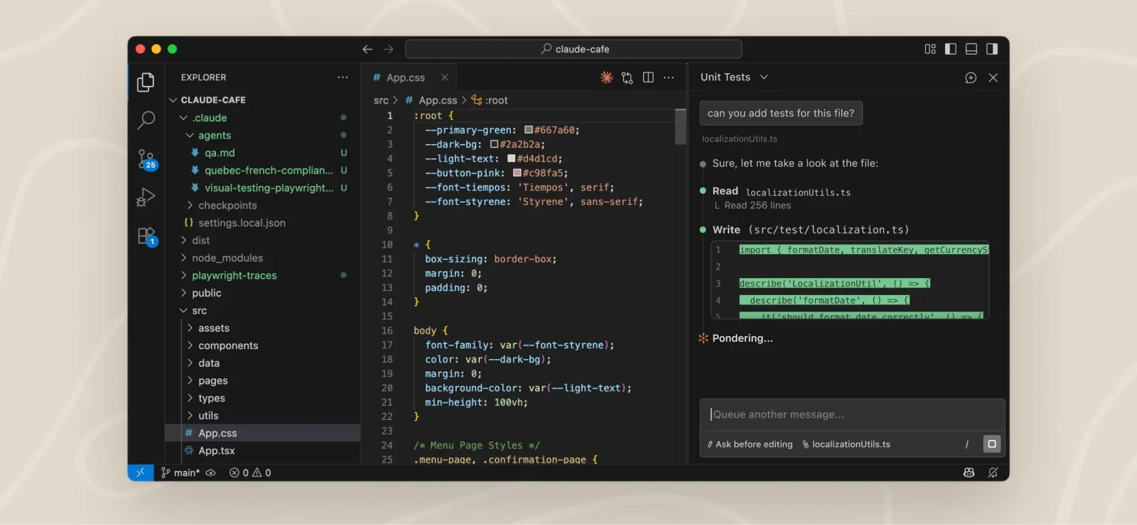 Claude Code extension running a unit-test session inside VS Code
