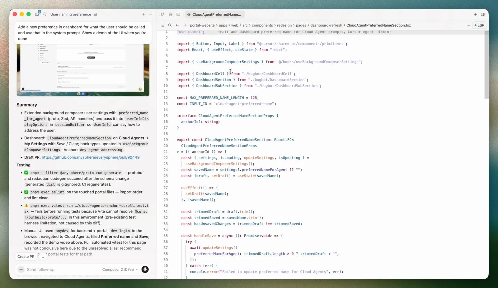 Cursor editor with the AI agent panel summarizing a completed task