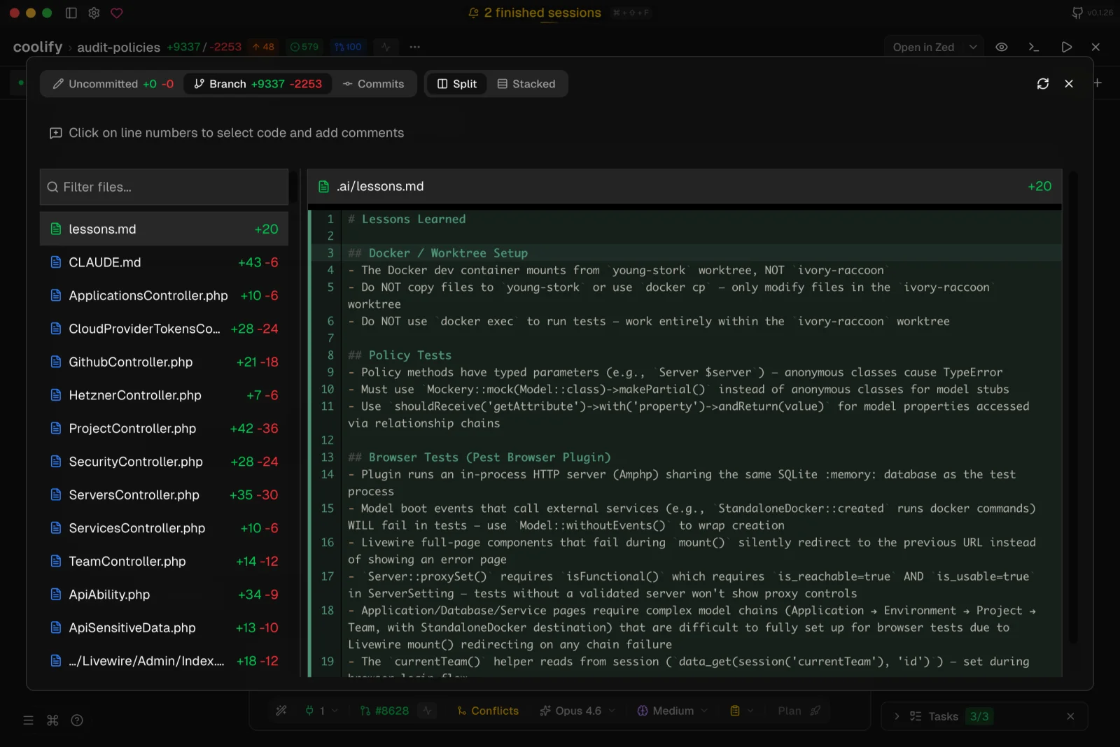 Jean review view with changed files and an inline diff across the full app window