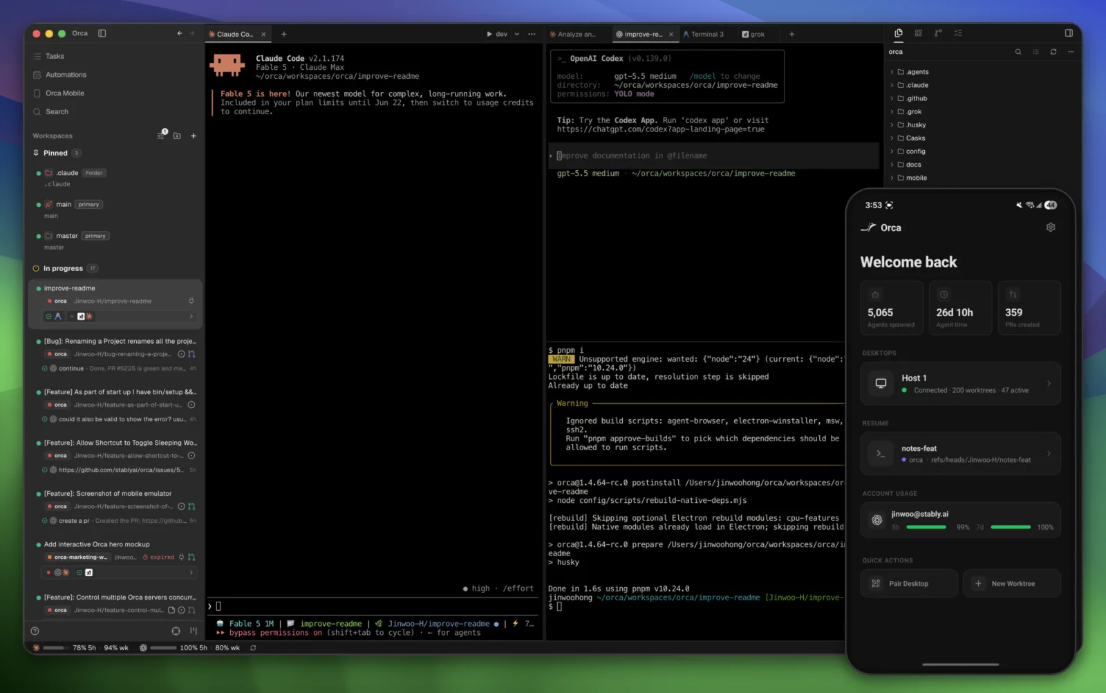 Orca desktop app running Claude Code and Codex side by side, with the mobile companion app