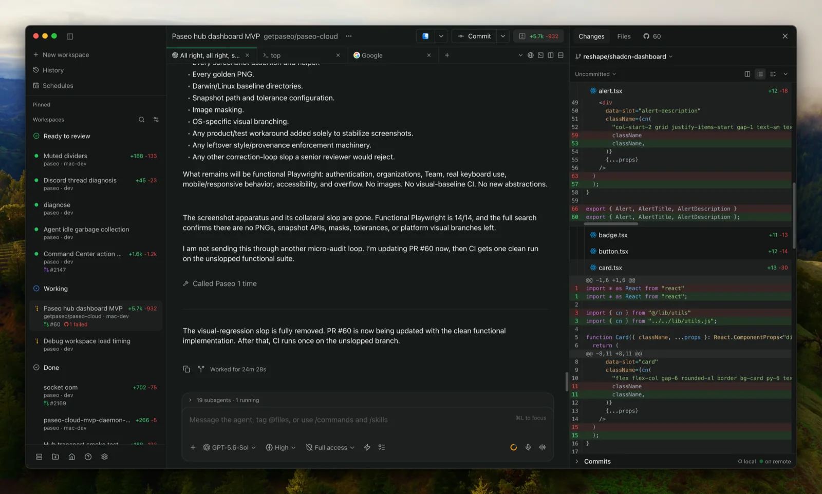 Paseo desktop app with agent sessions, transcript, and diff review panel