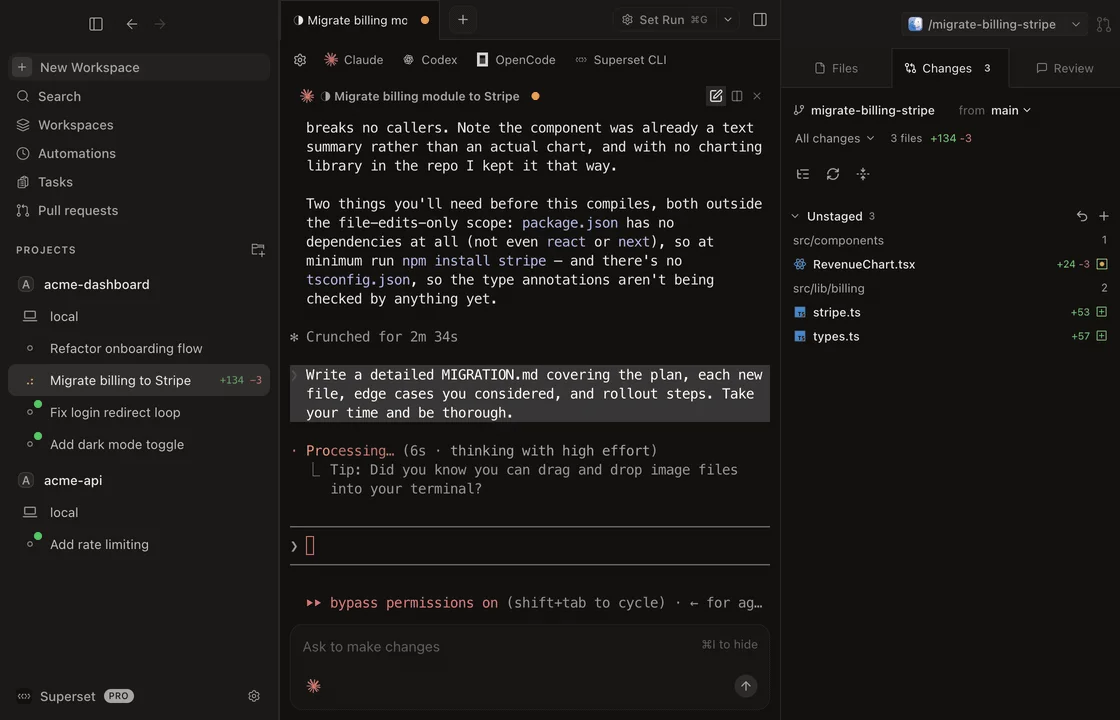 Superset app with workspace sidebar, parallel agent tabs for Claude, Codex, and OpenCode, and a changes panel