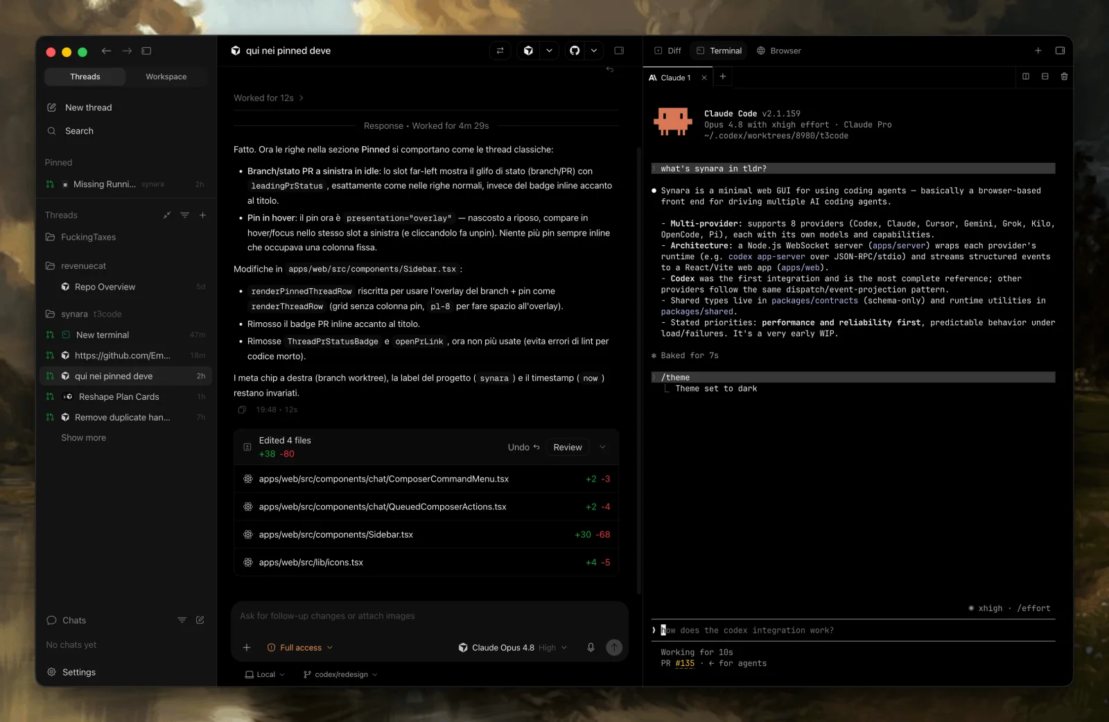Synara workspace with parallel agent threads and an embedded Claude Code terminal