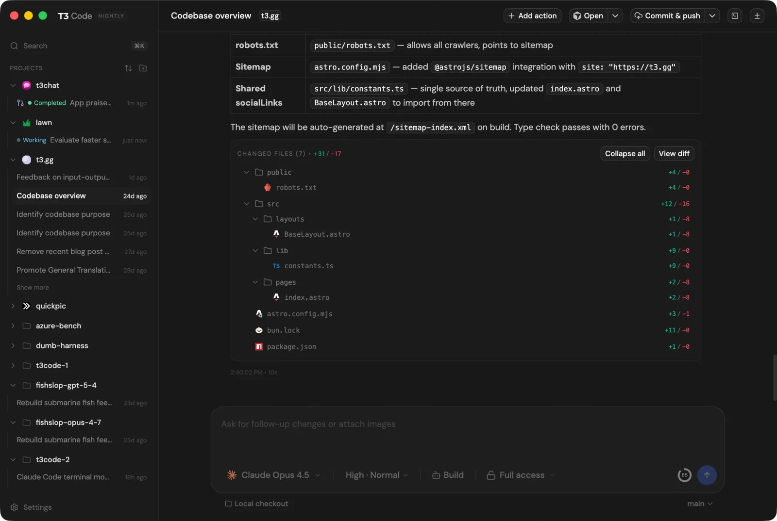 T3 Code desktop app with multi-project sidebar, agent thread, and changed-files view