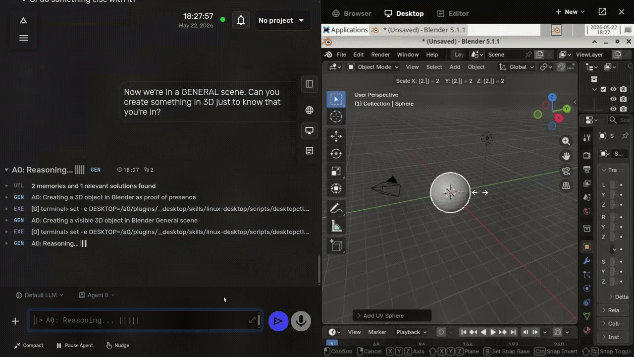 Agent Zero web UI showing the agent's reasoning log next to its built-in Linux desktop, where it has opened Blender and added a sphere