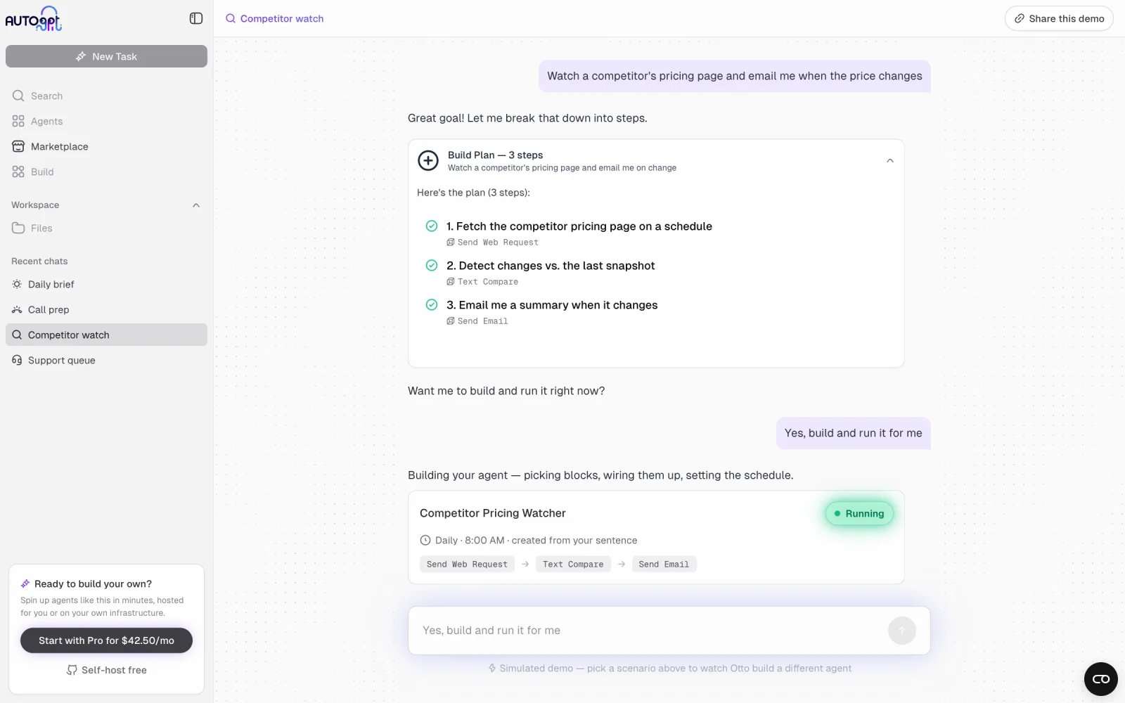 AutoGPT AutoPilot turning a request to watch a competitor's pricing page into a three-step plan and a running agent