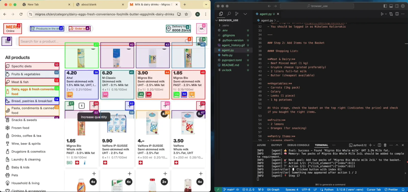 Browser Use agent shopping on a grocery site, with numbered boxes over clickable elements and the terminal logging each click