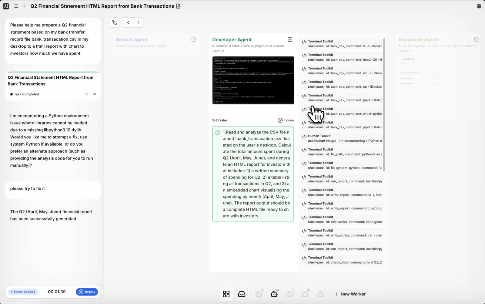 Eigent desktop app running a multi-agent task, with a Developer Agent executing terminal commands beside Search and Document agents