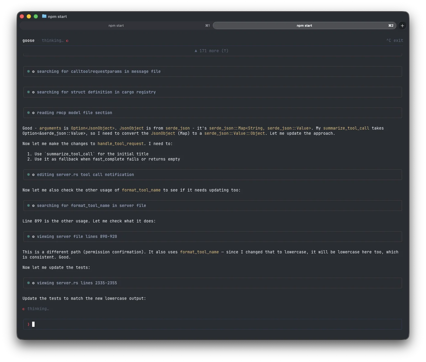 Goose terminal interface mid-task, searching and reading Rust source files, editing server.rs, and preparing to update tests