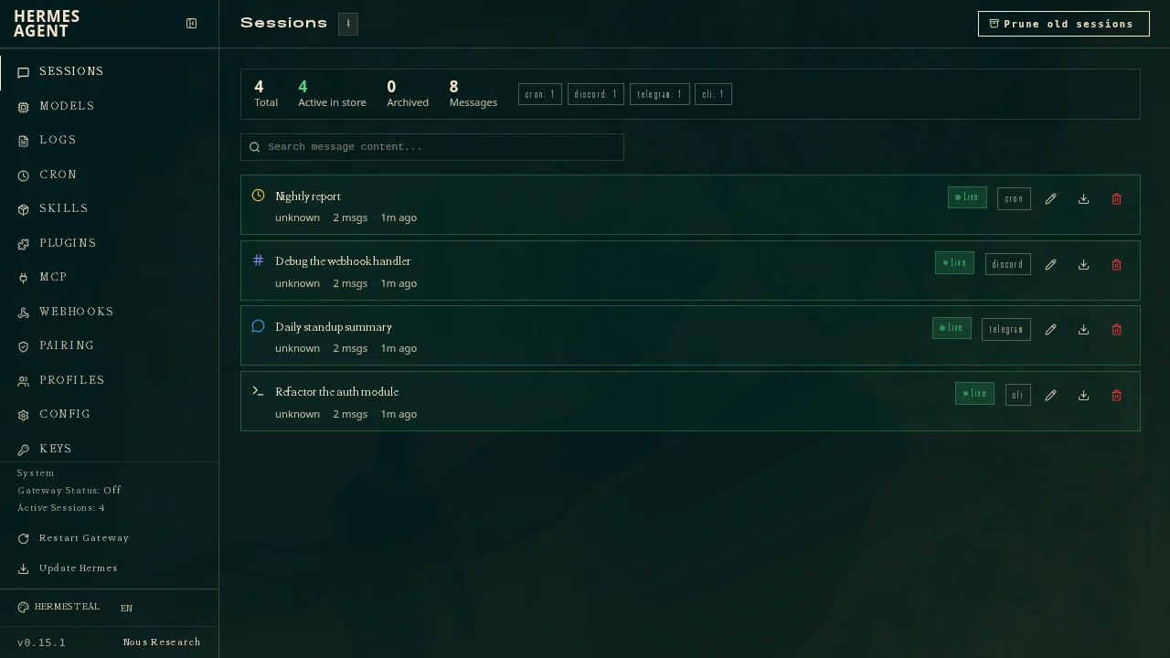 Hermes Agent web dashboard listing live sessions started from cron, Discord, Telegram, and the command line