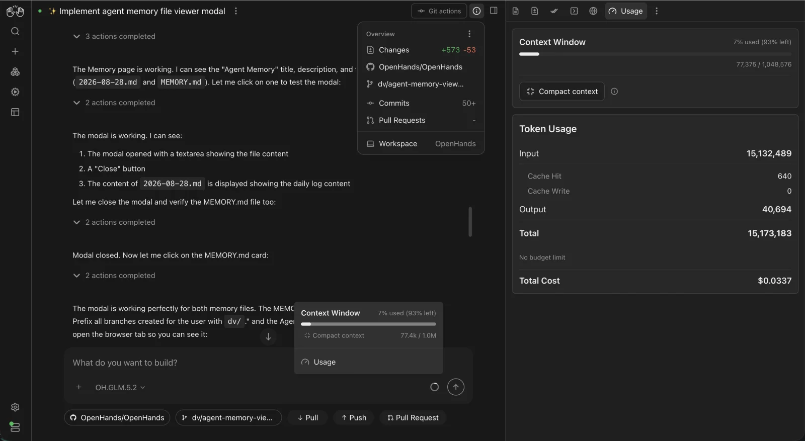OpenHands Agent Canvas implementing a feature, with completed actions, a Git overview of 573 added lines, and a token usage panel