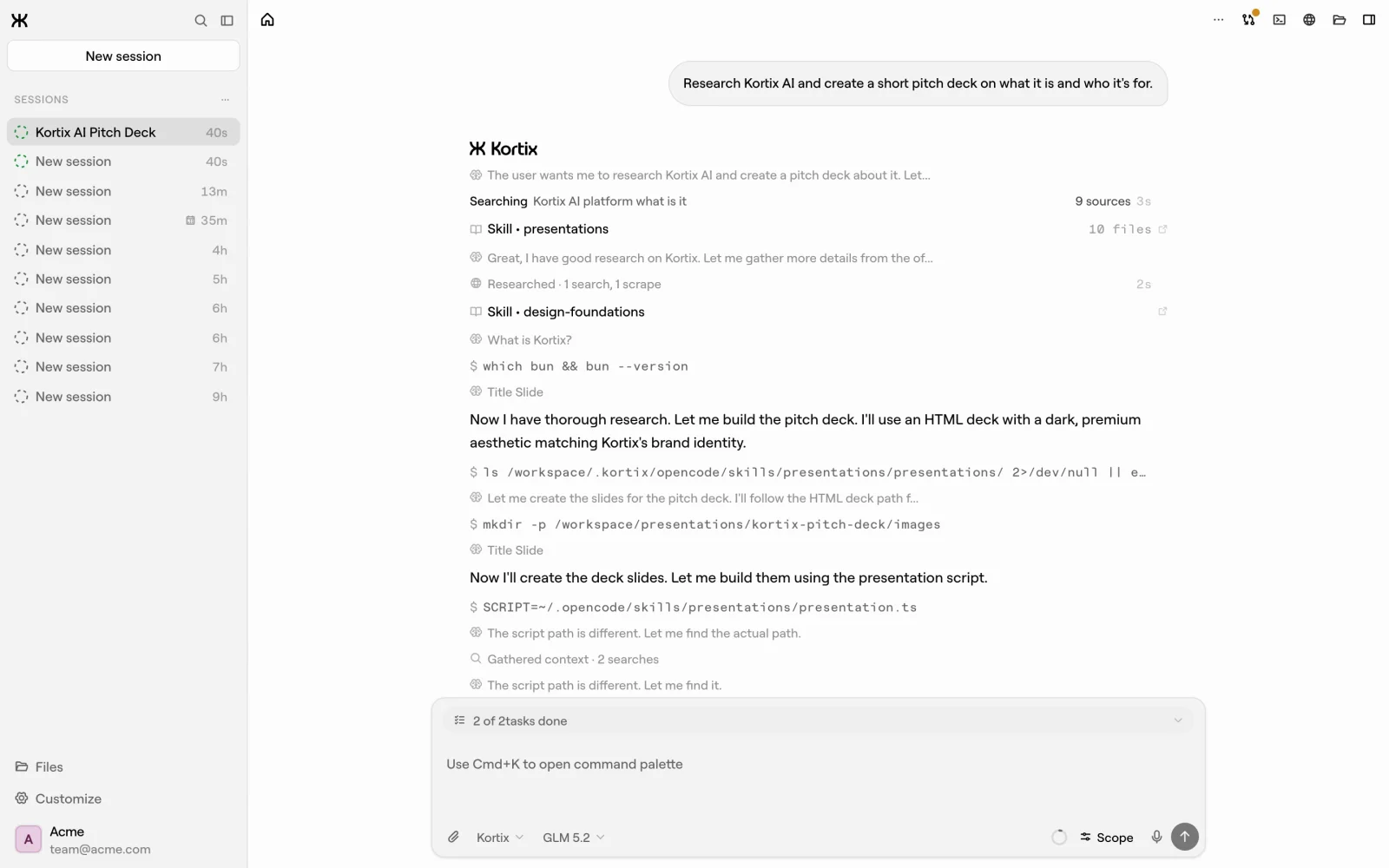 Kortix session researching a topic, loading a presentations skill, and running shell commands in its sandbox to build a pitch deck