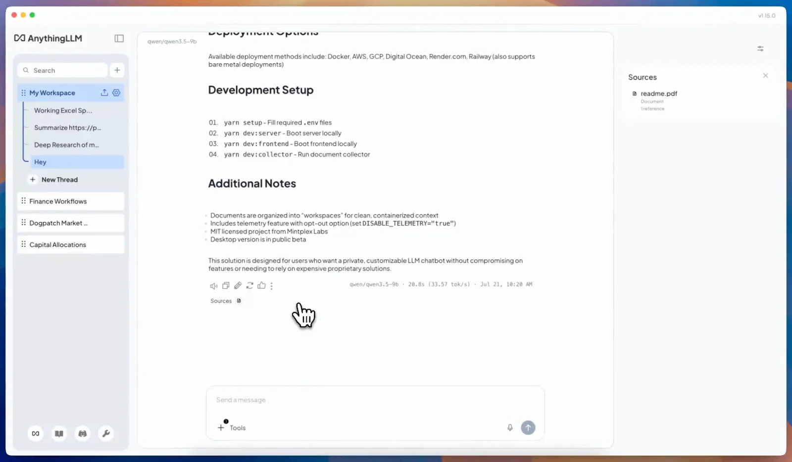 AnythingLLM desktop app answering from an uploaded readme.pdf with the local qwen3.5-9b model, with a sources panel on the right