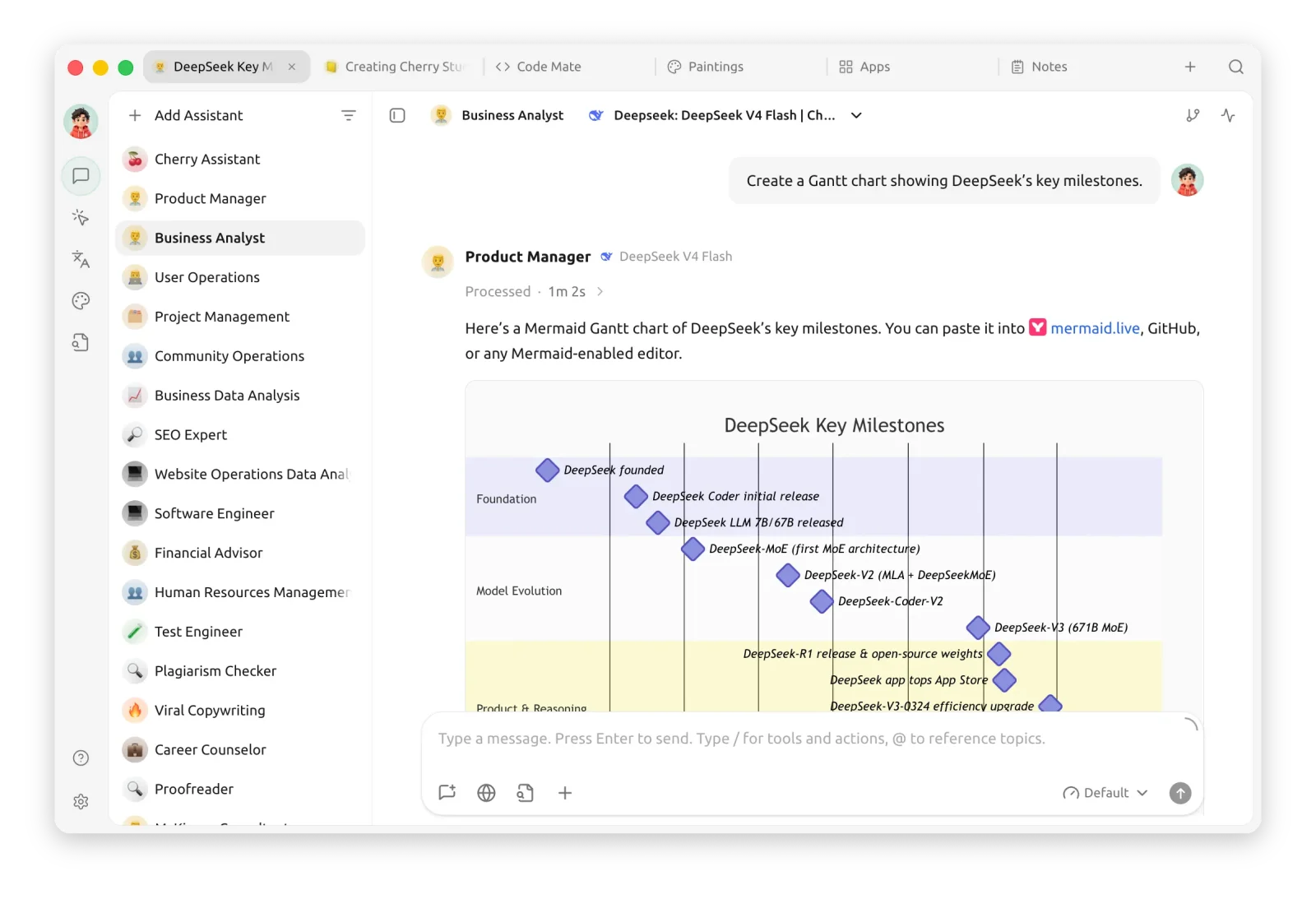 Cherry Studio desktop app with tabbed windows and a list of assistants, rendering a Gantt chart in a chat reply