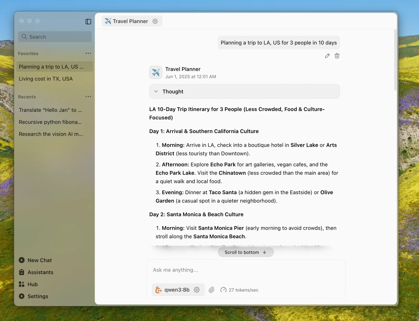 Jan desktop app with a Travel Planner assistant writing an itinerary using the local qwen3:8b model at 27 tokens per second