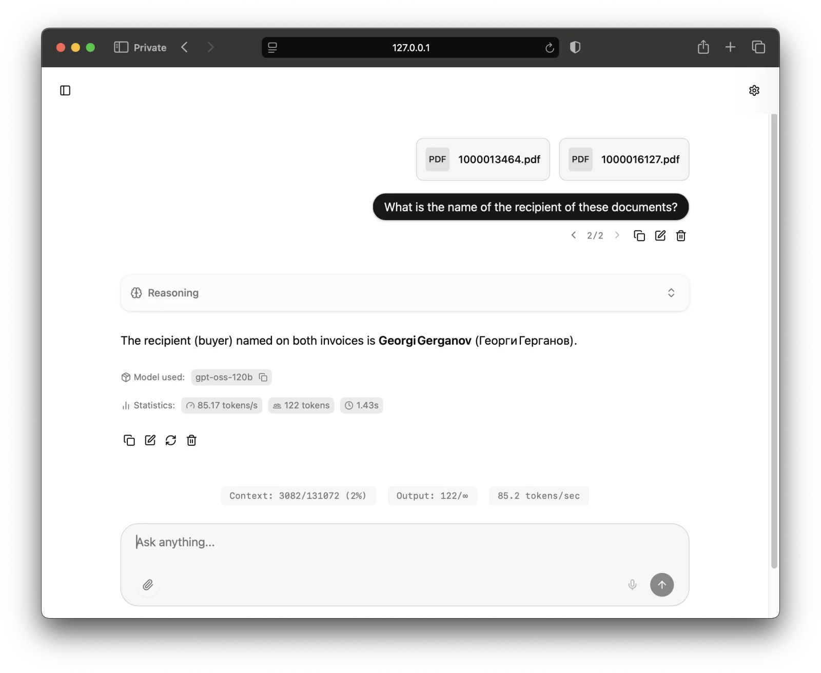 llama.cpp built-in web UI answering a question about two uploaded PDFs with gpt-oss-120b at 85 tokens per second