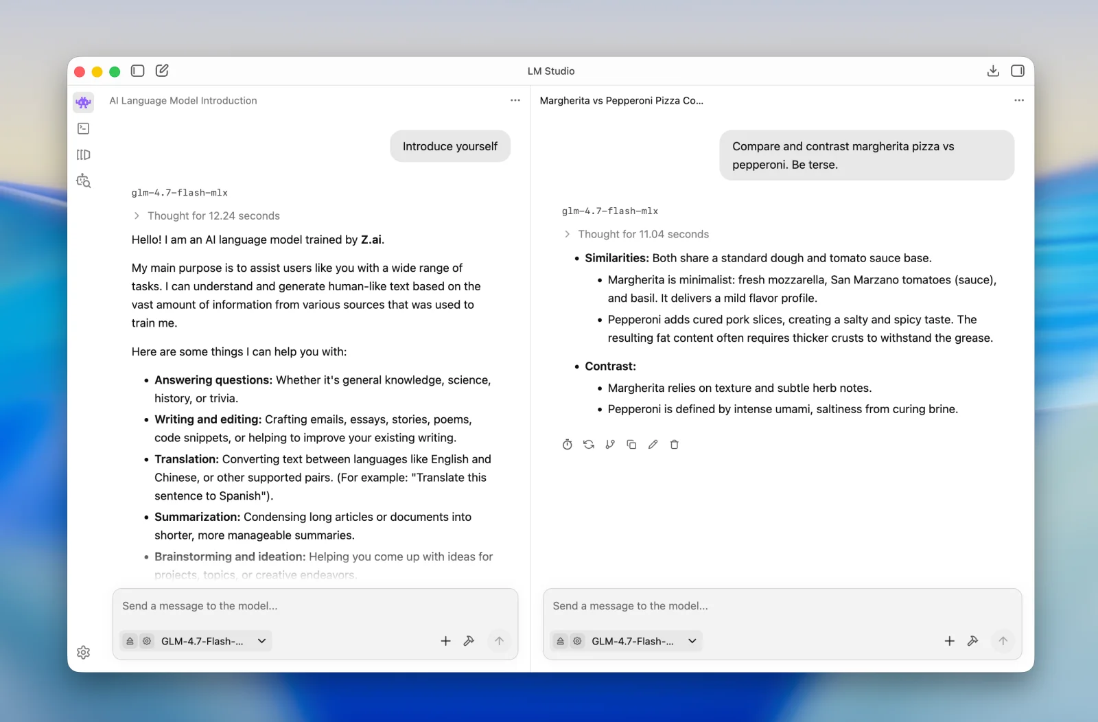 LM Studio 0.4 split view with two chats running side by side on a local GLM-4.7 Flash MLX model