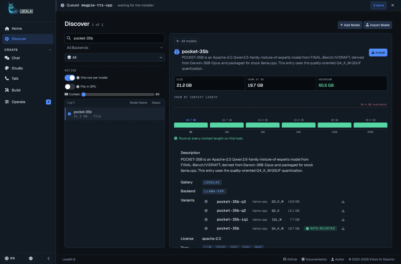 LocalAI web UI Discover page showing a 35B model with VRAM usage by context length and a list of quantization variants
