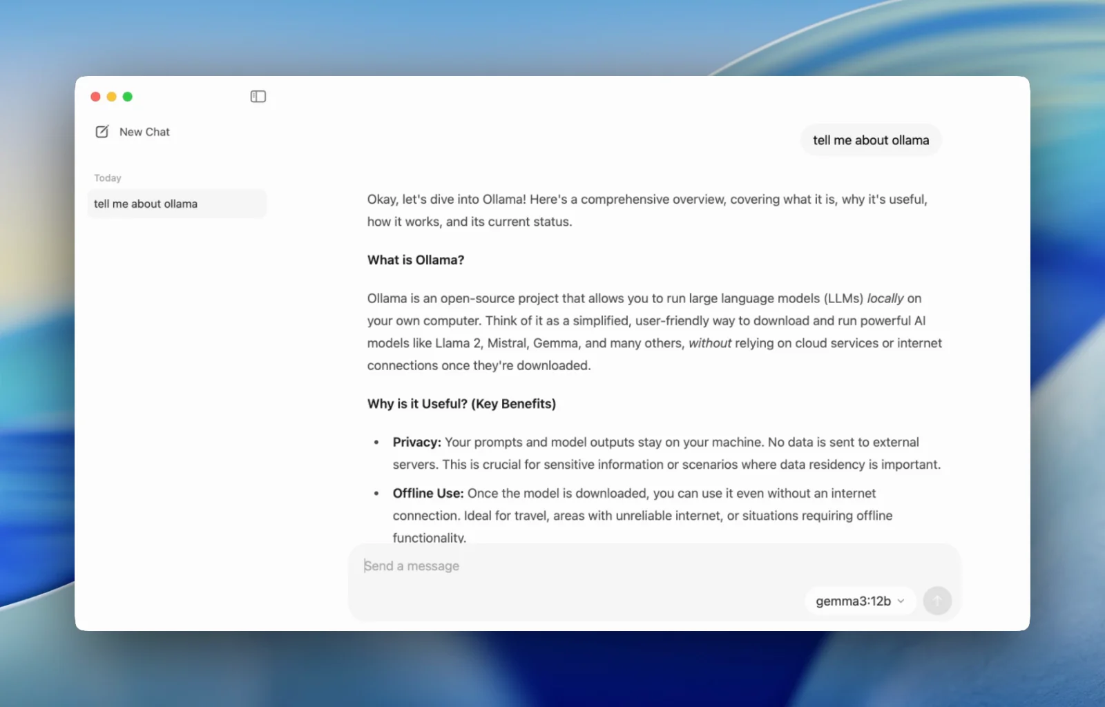 Ollama desktop app answering a question with the local gemma3:12b model, with the chat history in the sidebar