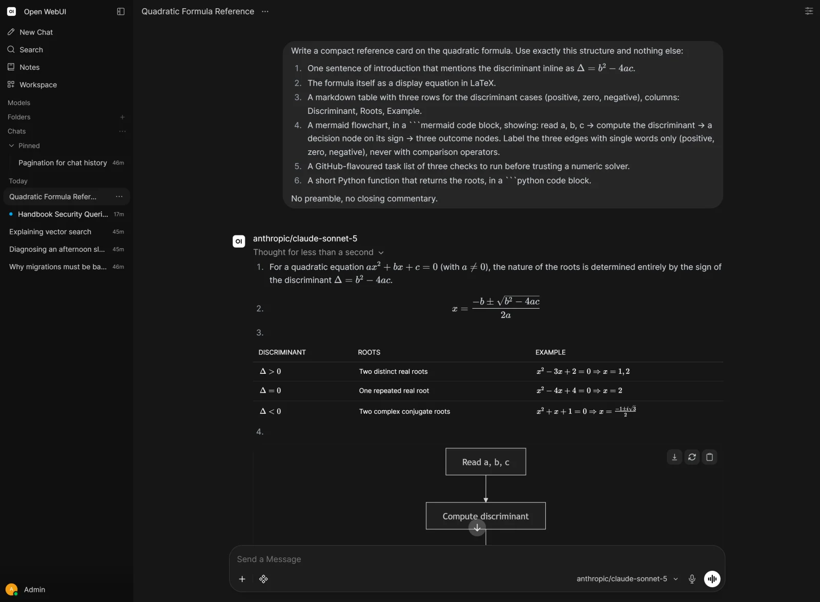 Open WebUI dark chat view rendering a reply with LaTeX formulas, a table, and a flowchart, with the chat list in the sidebar