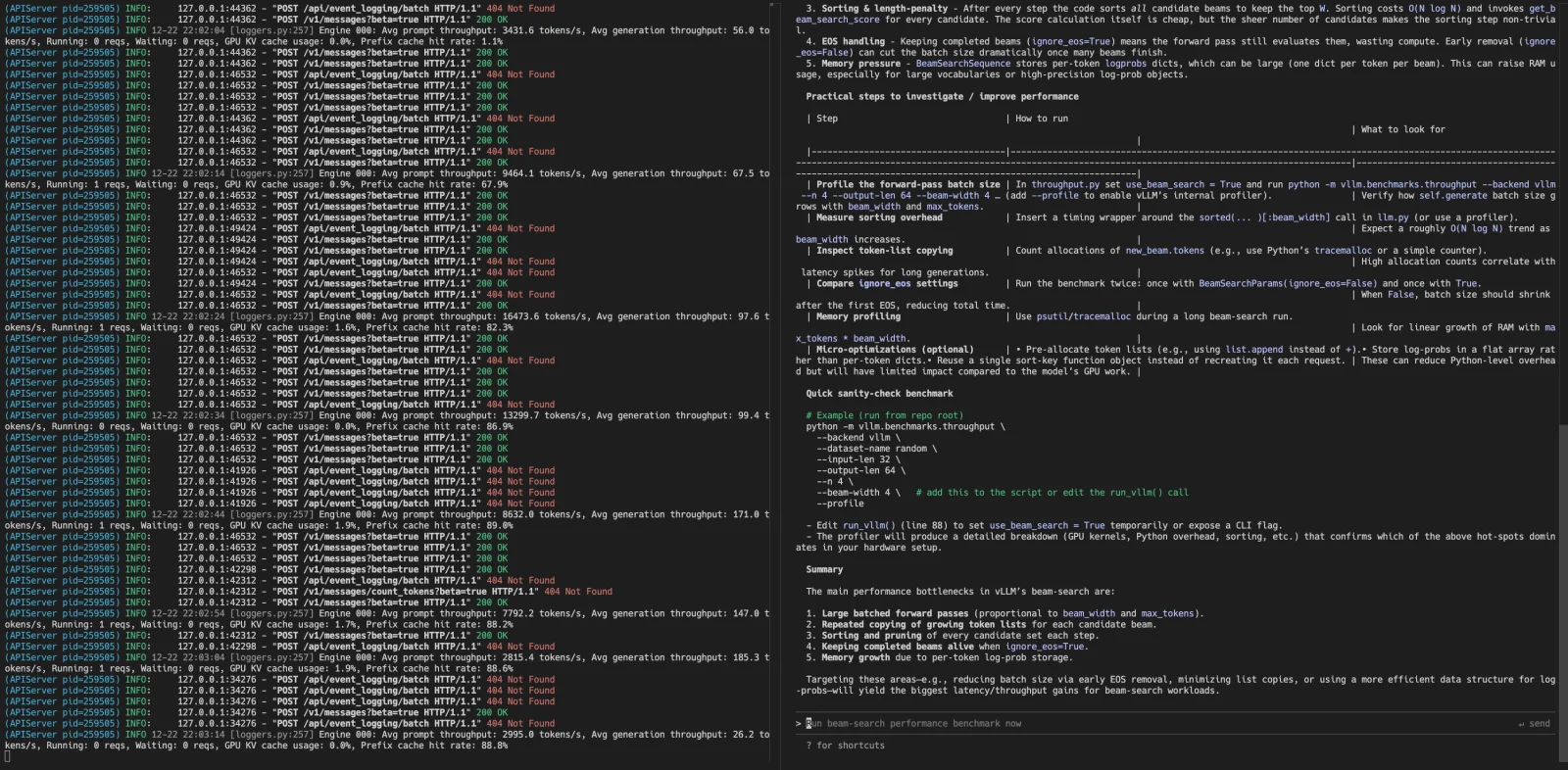 Terminal split view with vLLM API server logs showing throughput and KV-cache stats on the left and Claude Code using the vLLM-served model on the right
