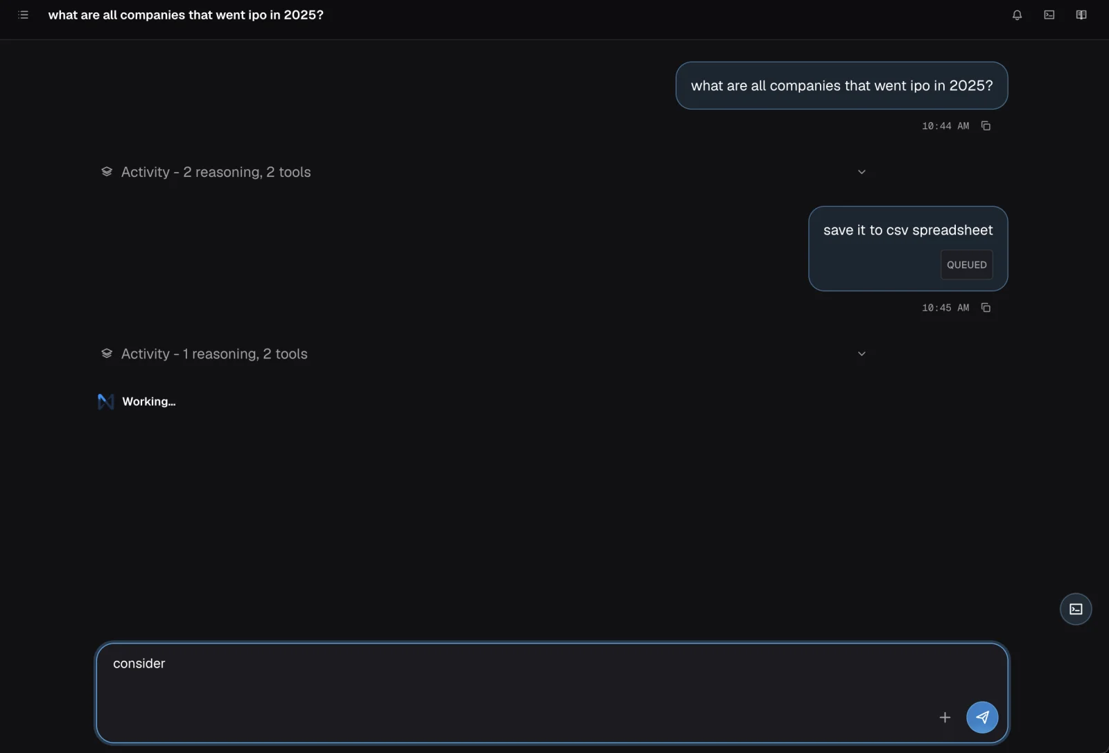 IronClaw web chat running a research request, with collapsed tool activity and a queued follow-up message while the agent works
