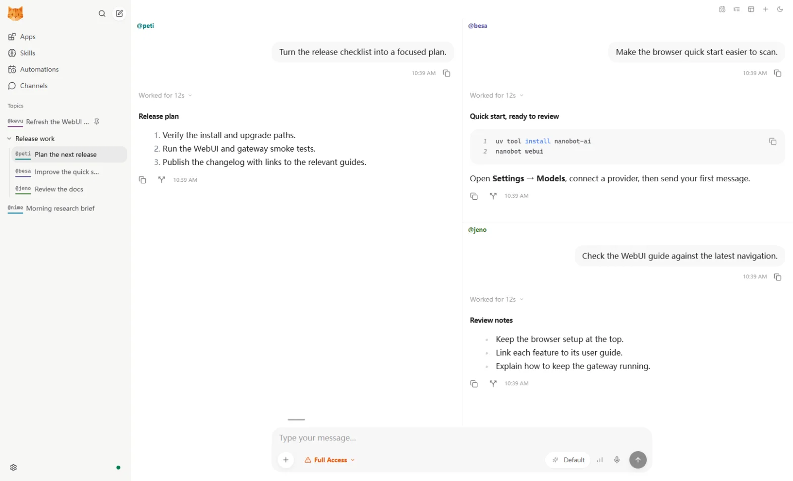 nanobot web interface with three agent conversations side by side and a sidebar for apps, skills, automations, and channels