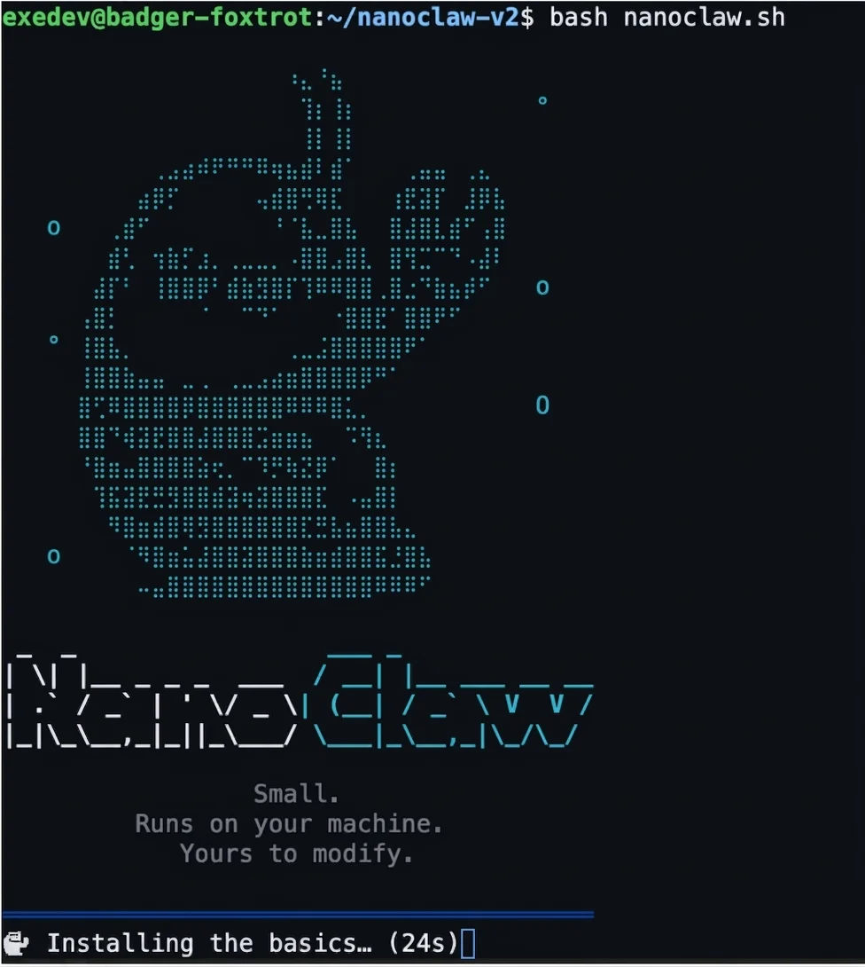 NanoClaw installer running in a terminal with its ASCII-art logo and the tagline Small, runs on your machine, yours to modify