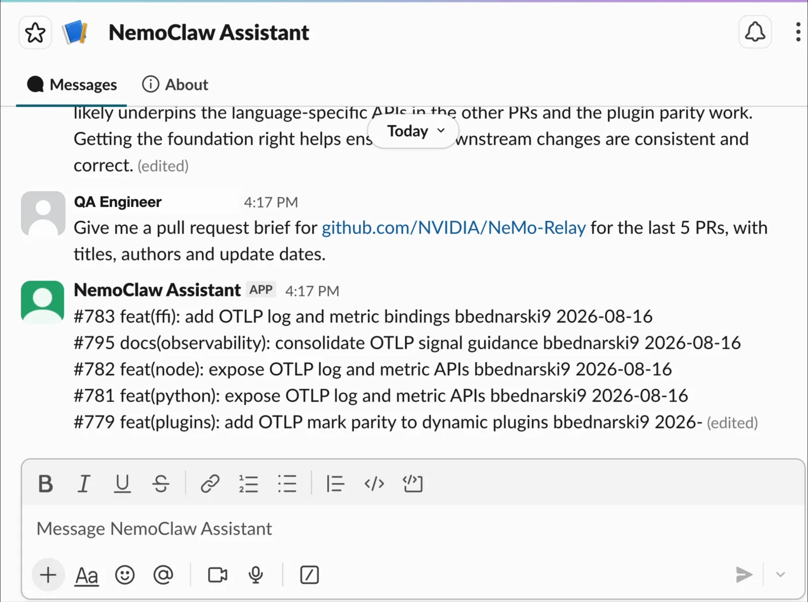 An OpenClaw assistant running inside a NemoClaw sandbox answering a Slack message with a brief of recent GitHub pull requests