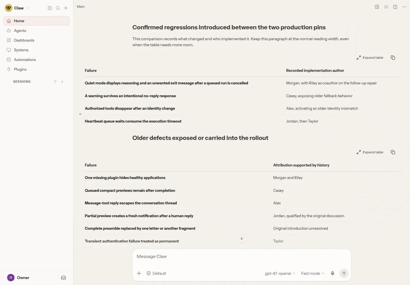 OpenClaw Control UI with the sidebar for agents, dashboards, automations, and plugins, and an assistant reply formatted as tables