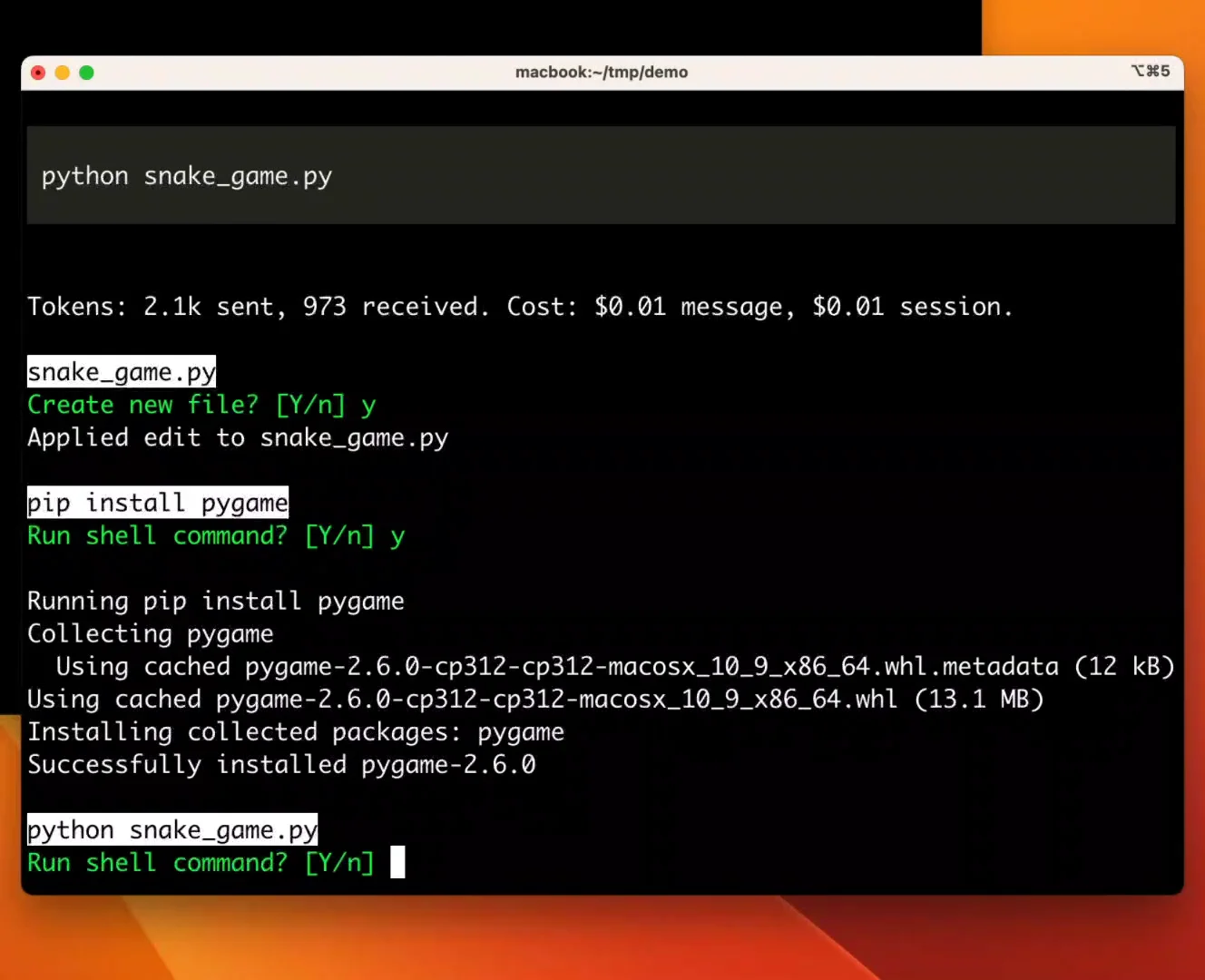 Aider terminal session after building a snake game, showing token cost, the applied edit, a confirmed pip install command and a prompt to run the game