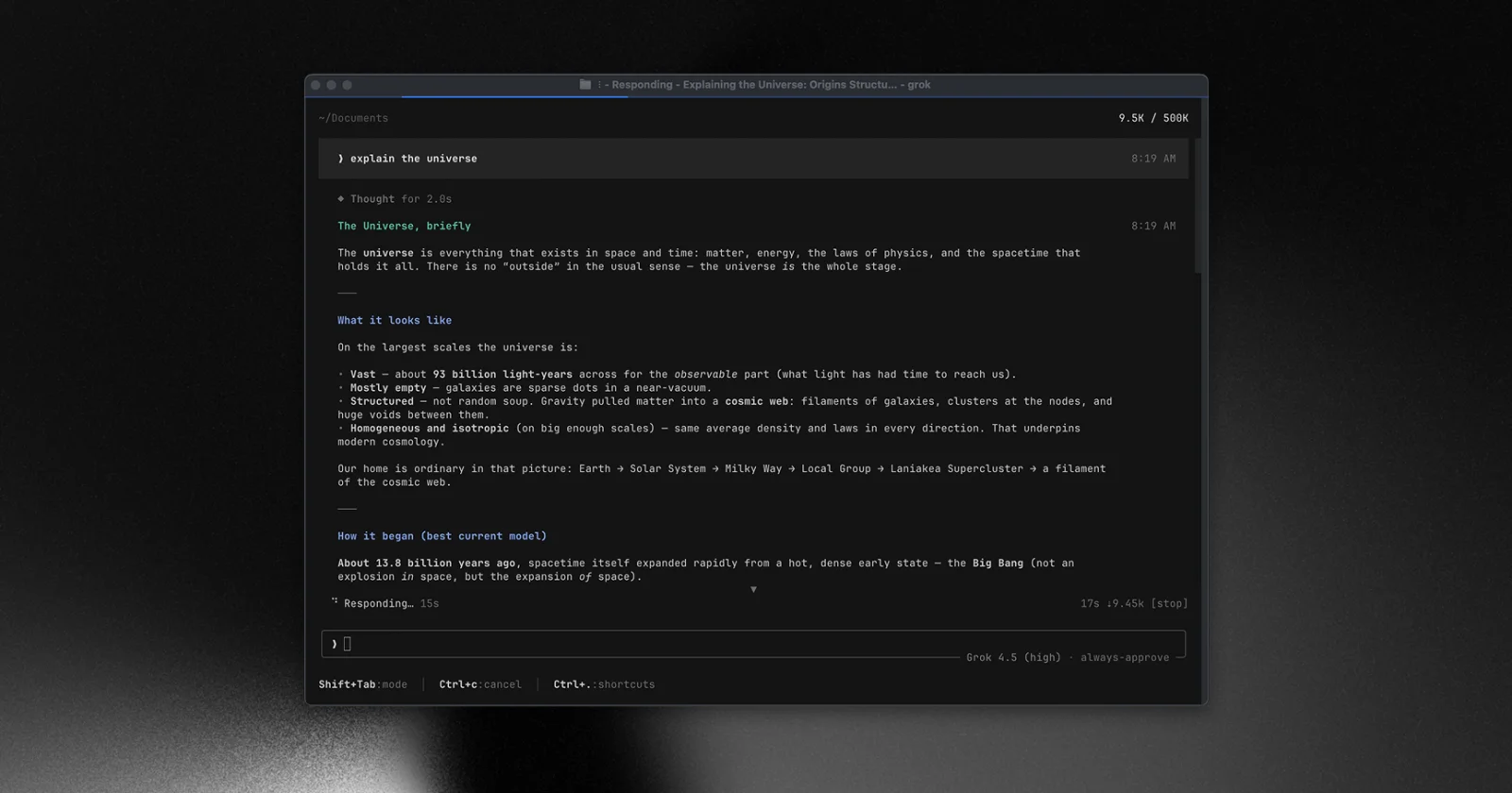 Grok Build full-screen terminal interface answering a prompt, with the model and approval mode shown in the input bar
