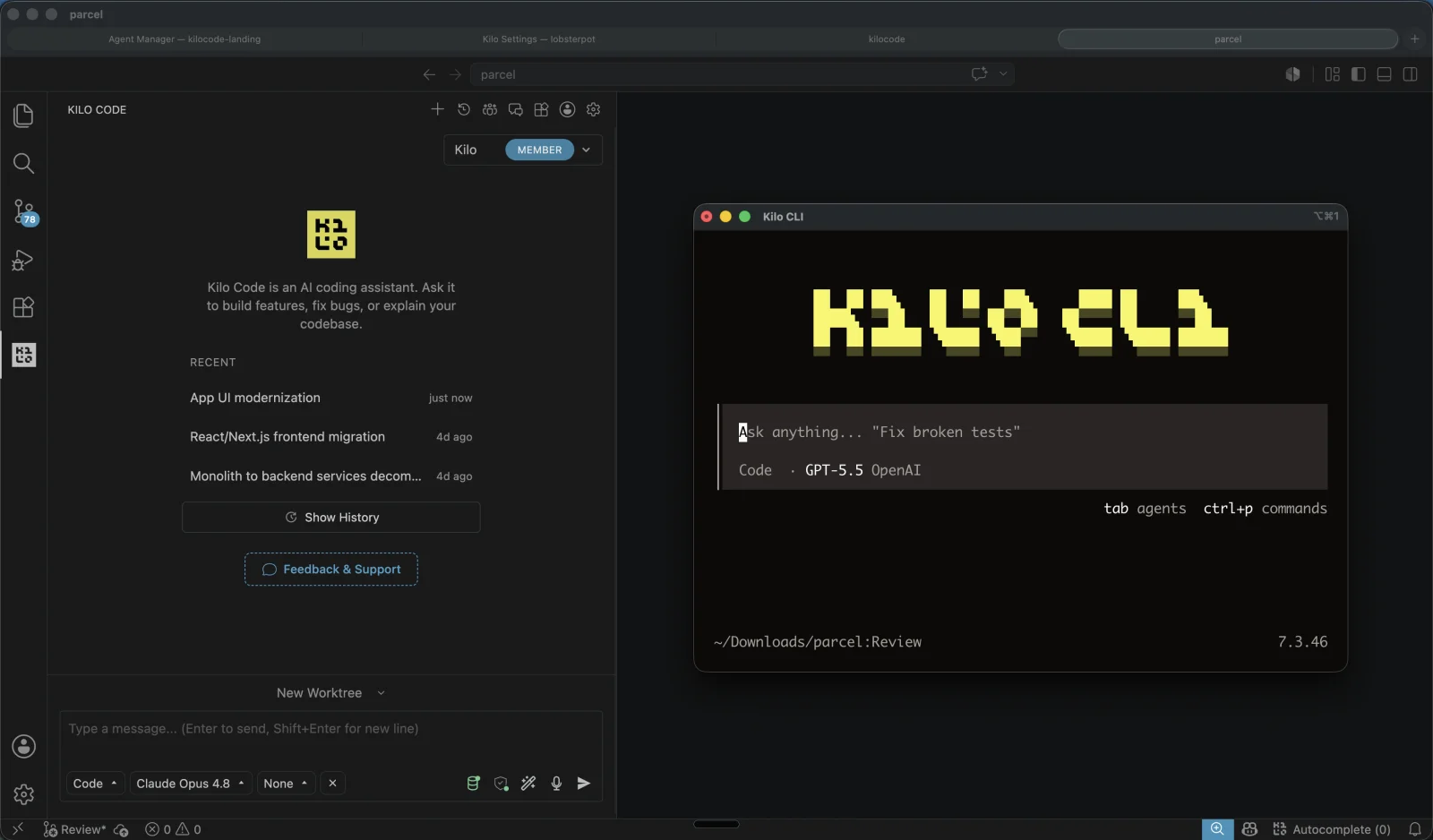 Kilo Code extension panel in VS Code next to the Kilo CLI running in a terminal window