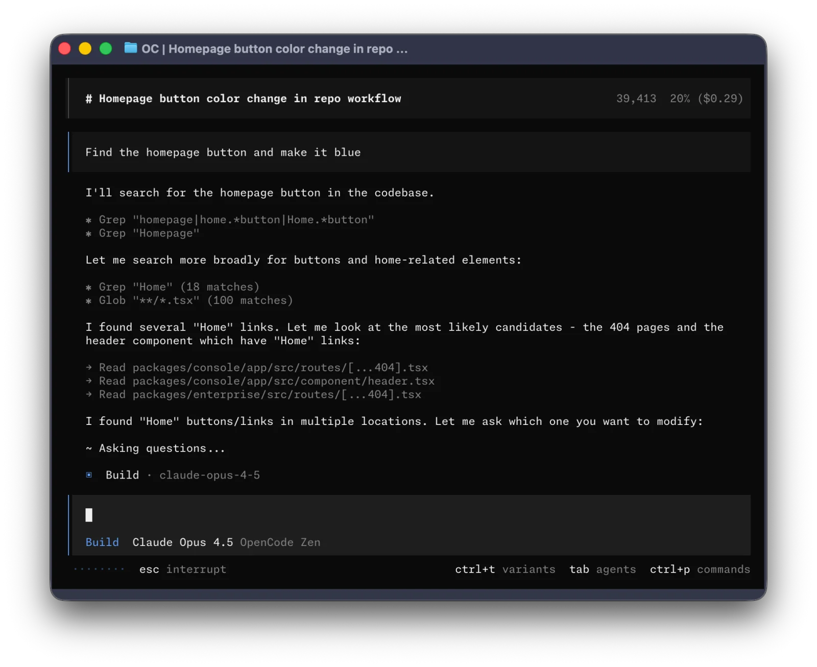 OpenCode terminal interface working through a request to find and recolor a homepage button, with Grep and Read tool calls listed