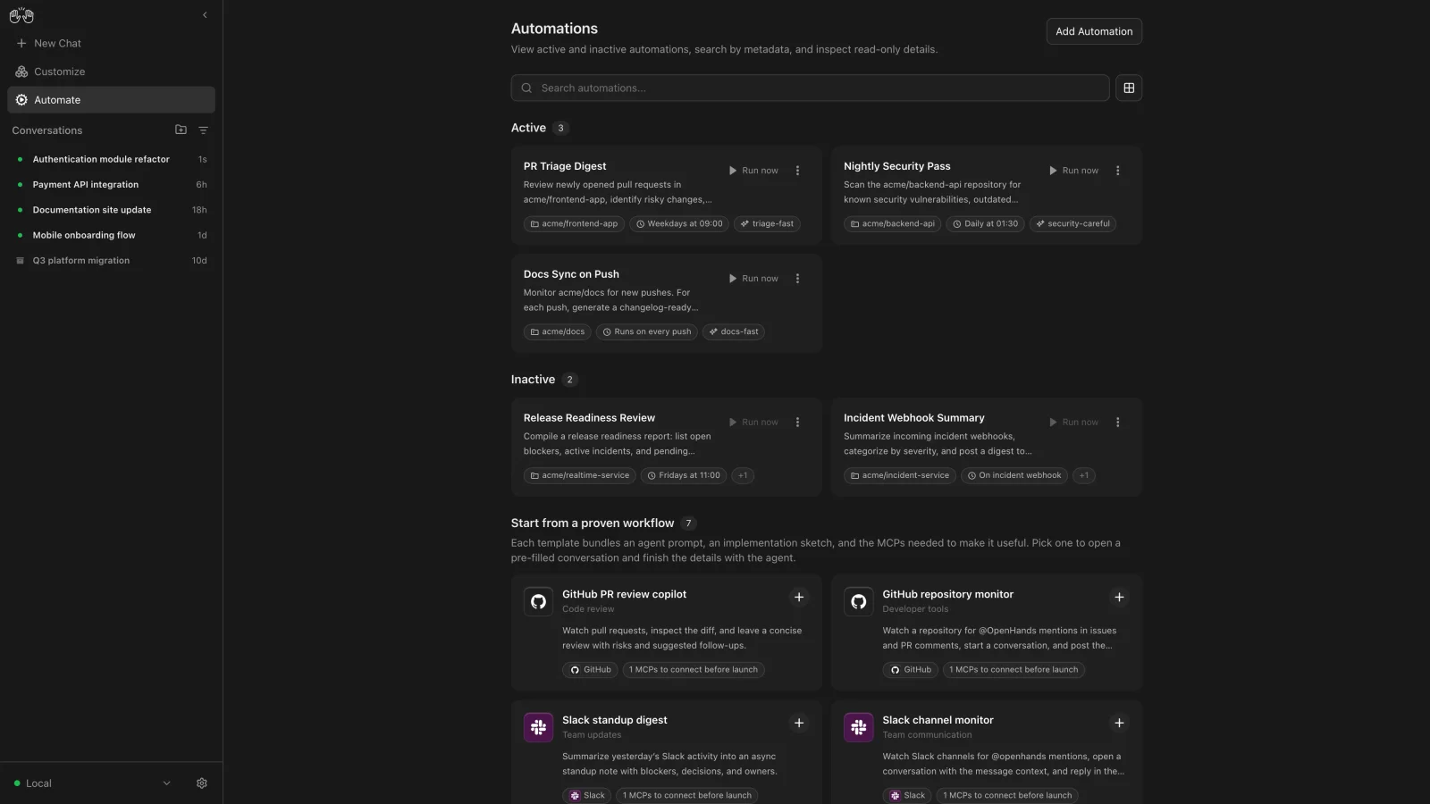 OpenHands Agent Canvas automations screen listing active and inactive automations such as a PR triage digest and a nightly security pass