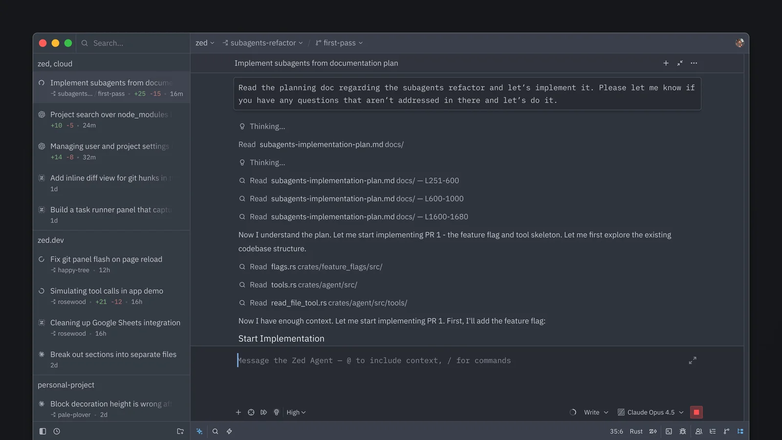 Zed agent view with a threads sidebar grouped by project and an active thread reading a planning doc and source files before implementing a feature