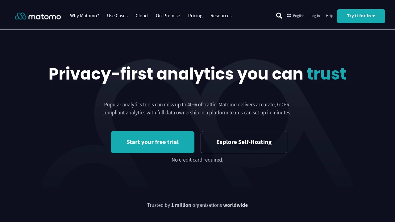 Matomo landing page headlined "Privacy-first analytics you can trust", offering a free trial alongside a self-hosting option