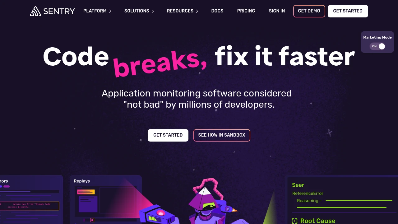 Sentry landing page headlined "Code breaks, fix it faster", with panels for errors, session replays and an AI root-cause analysis