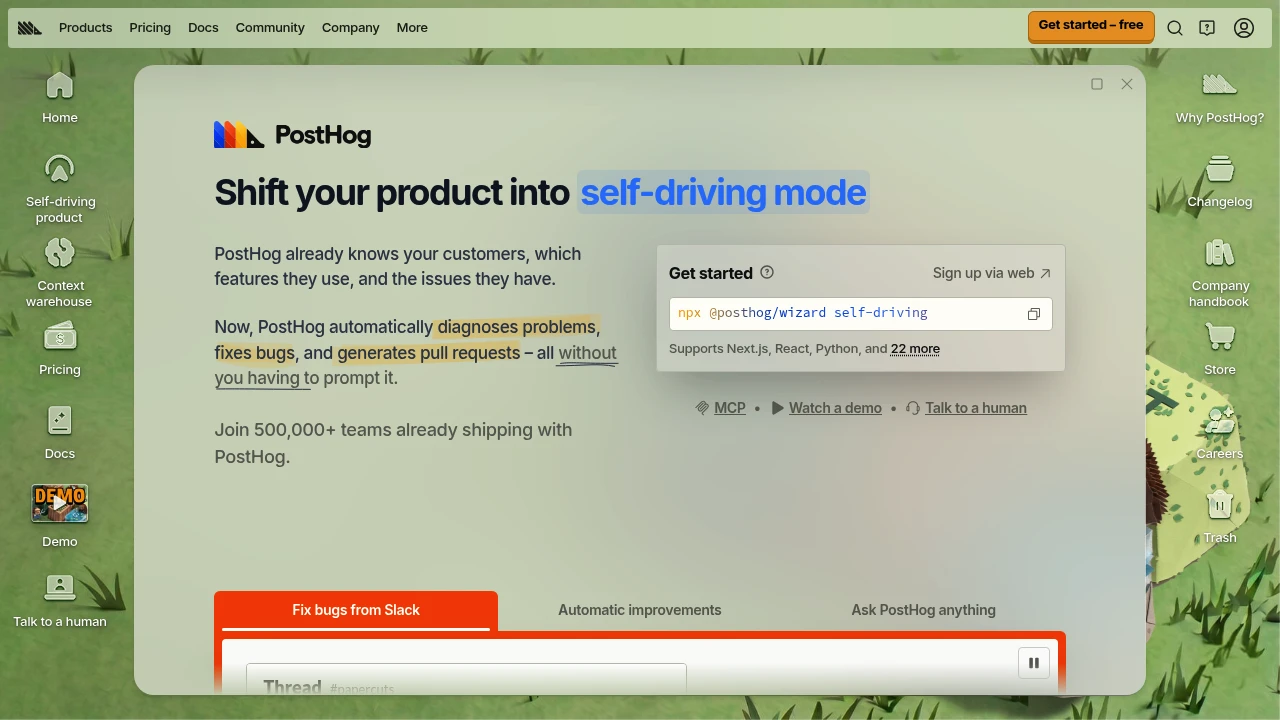 PostHog landing page headlined "Shift your product into self-driving mode", framed as a desktop with an icon rail and a get-started install command