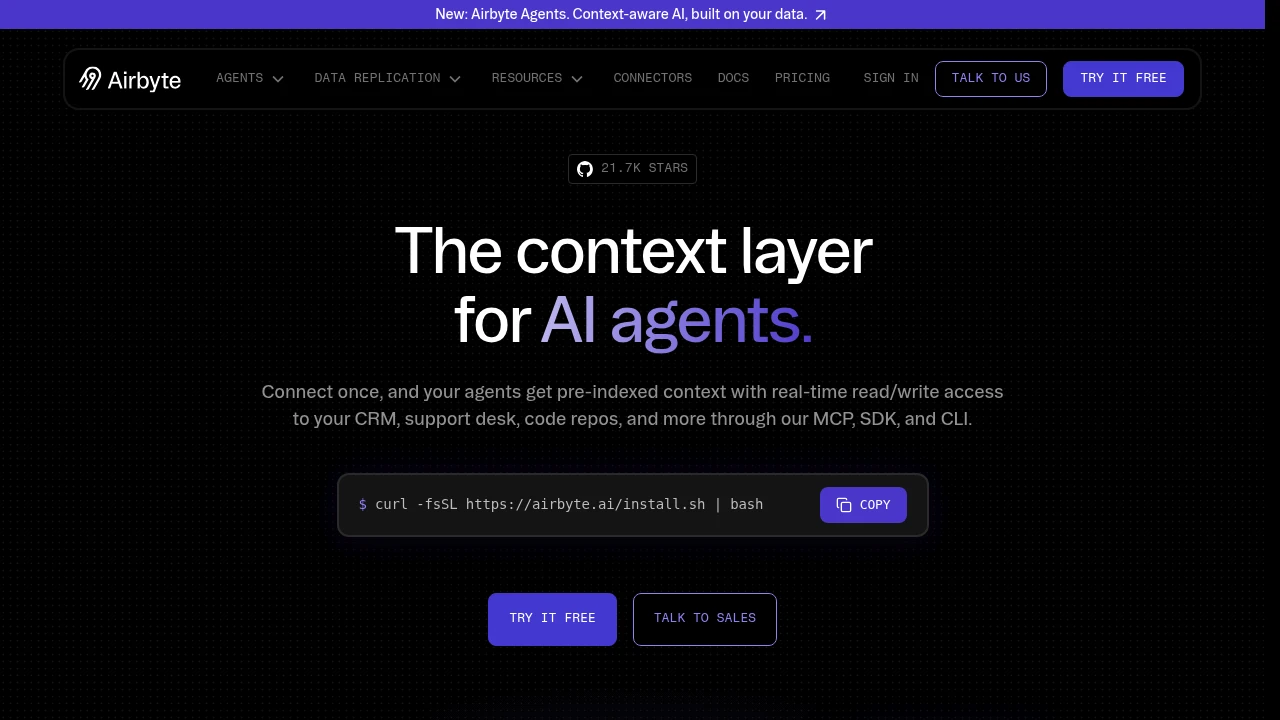 Airbyte landing page headlined "The context layer for AI agents", showing a one-line install command and a GitHub star count