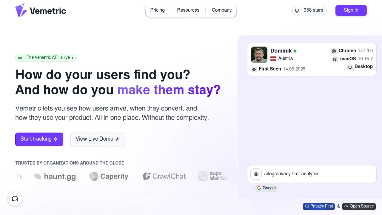 Vemetric landing page asking how users find you and how you make them stay, beside a live visitor card showing country, browser, operating system and the page being viewed